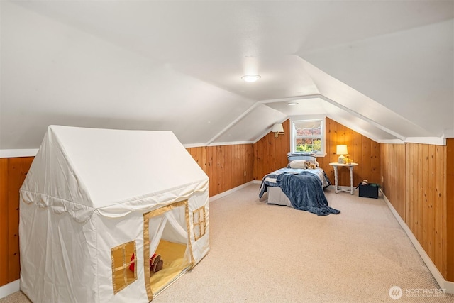 10918 159th Ave SE, Snohomish, WA 98290 - bedroom featuring vaulted ceiling, wooden walls, and carpet floors