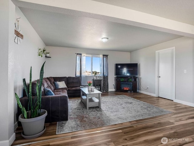 13576 NE Rd 10, Moses Lake, WA 98837 - living room featuring wood finished floors, baseboards, and a warm lit fireplace