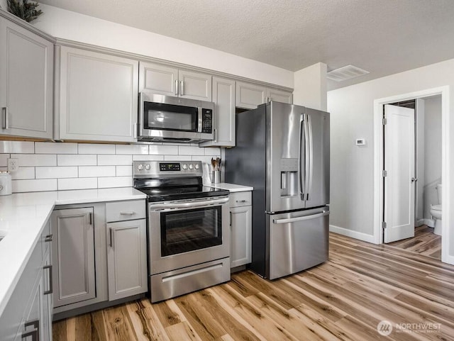 13576 NE Rd 10, Moses Lake, WA 98837 - kitchen featuring appliances with stainless steel finishes, gray cabinets, light wood finished floors, tasteful backsplash, and a textured ceiling