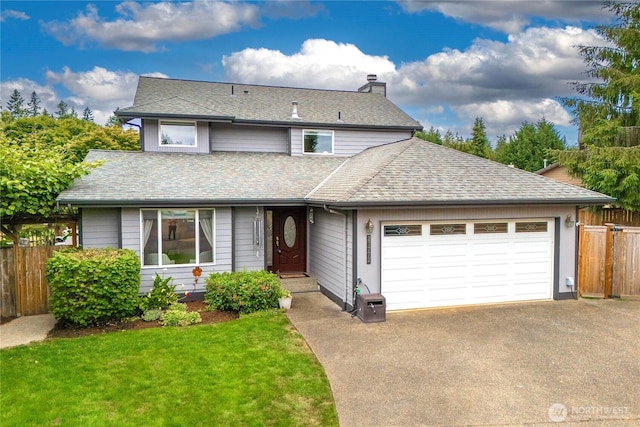 27772 213th Ct SE, Maple Valley, WA 98038 - view of front facade with an attached garage, a chimney, driveway, and a shingled roof