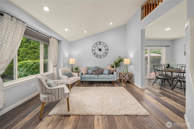 27772 213th Ct SE, Maple Valley, WA 98038 - living room featuring vaulted ceiling, wood finished floors, and recessed lighting