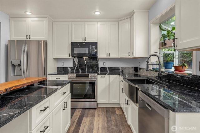 27772 213th Ct SE, Maple Valley, WA 98038 - kitchen featuring stainless steel appliances, dark wood finished floors, white cabinets, and recessed lighting
