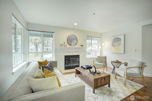 12019 NE 204th Pl Unit D303, Bothell, WA 98011 - living room featuring healthy amount of natural light, wood finished floors, a fireplace with flush hearth, baseboards, and recessed lighting