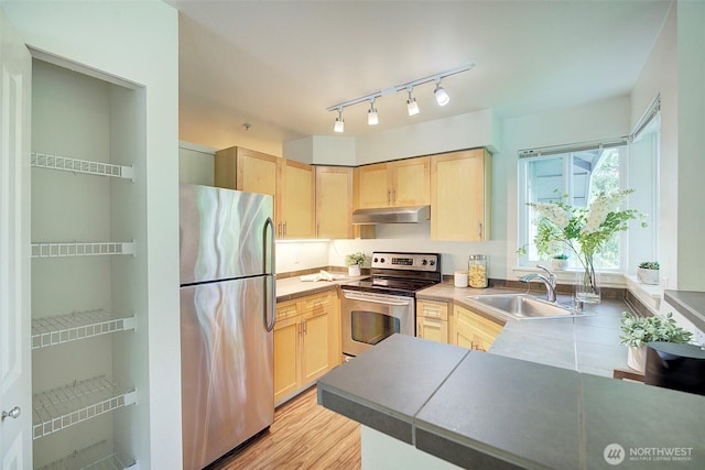 12019 NE 204th Pl Unit D303, Bothell, WA 98011 - kitchen with stainless steel appliances, a sink, under cabinet range hood, light brown cabinetry, and light wood-style flooring