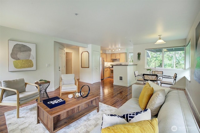 12019 NE 204th Pl Unit D303, Bothell, WA 98011 - living room featuring dark wood-type flooring, rail lighting, and baseboards