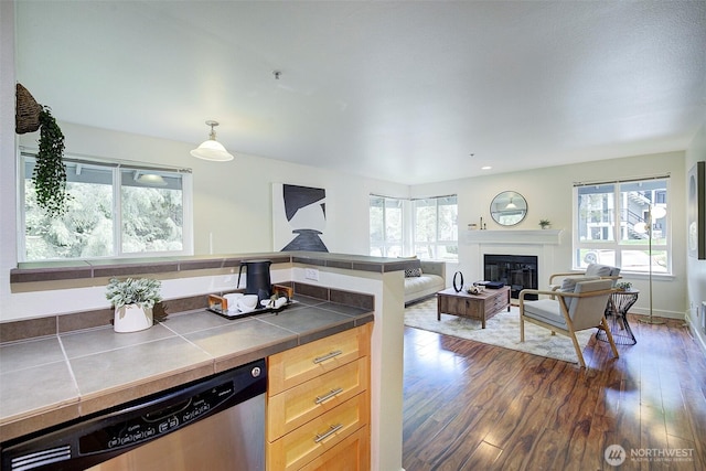 12019 NE 204th Pl Unit D303, Bothell, WA 98011 - kitchen featuring tile countertops, stainless steel dishwasher, a glass covered fireplace, dark wood-style flooring, and open floor plan
