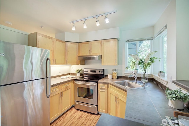 12019 NE 204th Pl Unit D303, Bothell, WA 98011 - kitchen featuring stainless steel appliances, light brown cabinetry, a sink, under cabinet range hood, and track lighting
