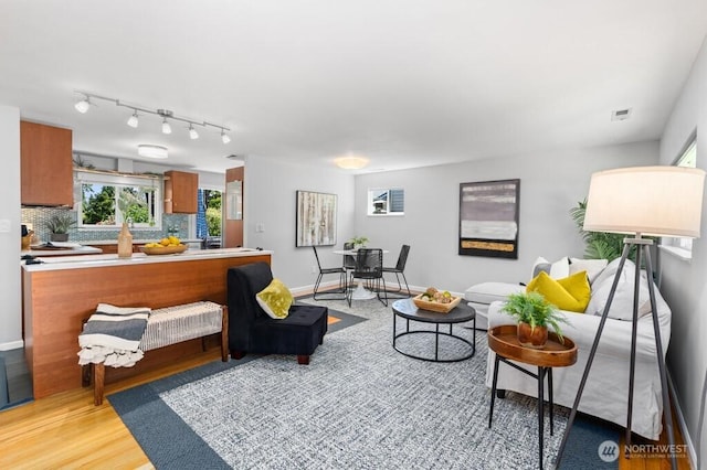 8414 34th Ave SW, Seattle, WA 98126 - living area with light wood-type flooring, rail lighting, and baseboards