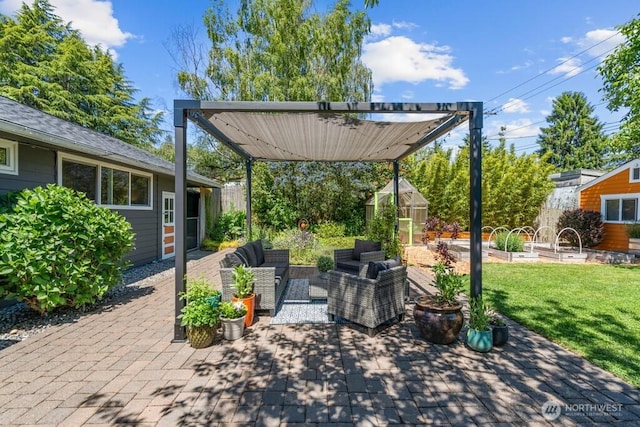 8414 34th Ave SW, Seattle, WA 98126 - view of patio / terrace with an outdoor structure, an outdoor living space, and a greenhouse