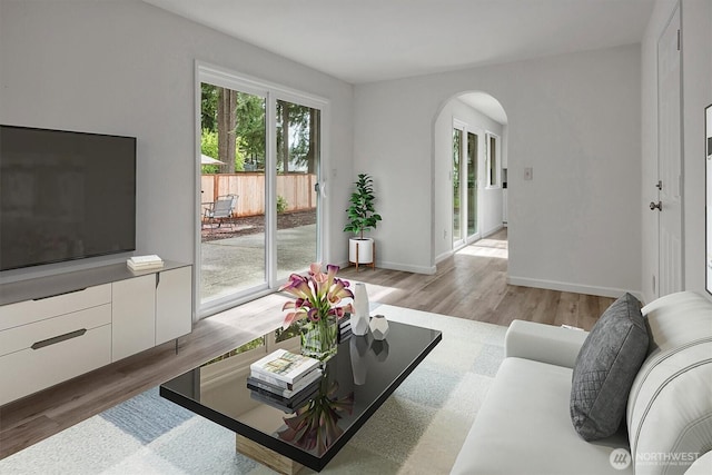 19055 SE 269th St, Covington, WA 98042 - living area featuring arched walkways, light wood finished floors, and baseboards