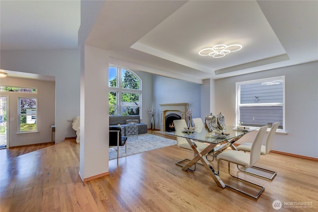 14531 86th Pl NE, Kenmore, WA 98028 - dining space with a tray ceiling, healthy amount of natural light, wood finished floors, and a lit fireplace