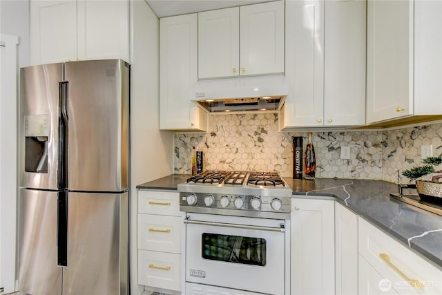 14531 86th Pl NE, Kenmore, WA 98028 - kitchen with stainless steel refrigerator with ice dispenser, high end range, extractor fan, and white cabinets