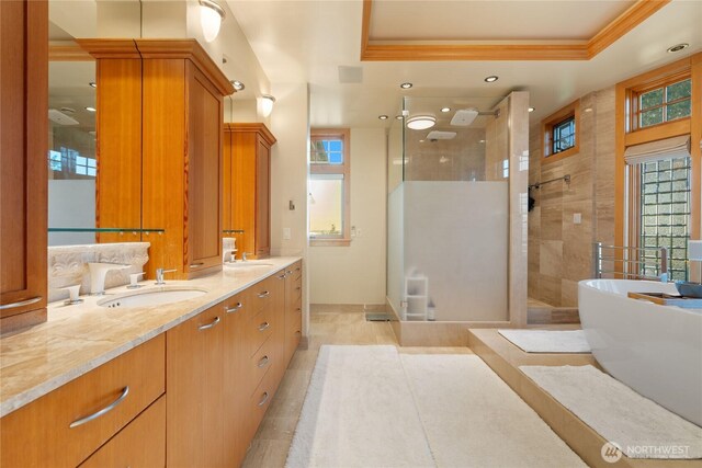 33020 84th Ave NW, Stanwood, WA 98292 - bathroom with a raised ceiling, a stall shower, double vanity, a soaking tub, and recessed lighting