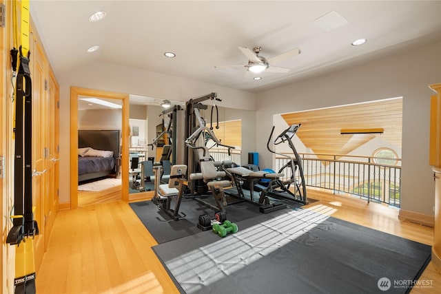 33020 84th Ave NW, Stanwood, WA 98292 - workout area featuring a ceiling fan, wood finished floors, and recessed lighting