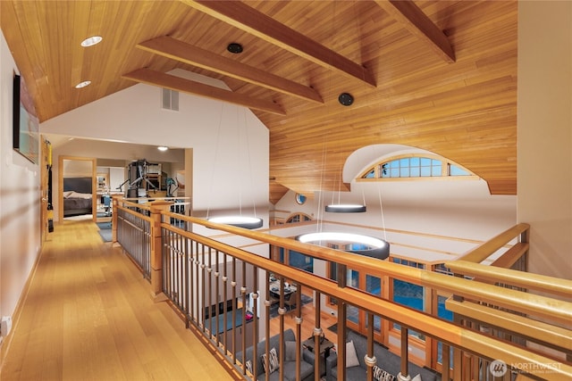 33020 84th Ave NW, Stanwood, WA 98292 - hall featuring high vaulted ceiling, wooden ceiling with exposed beams, wood finished floors, and recessed lighting