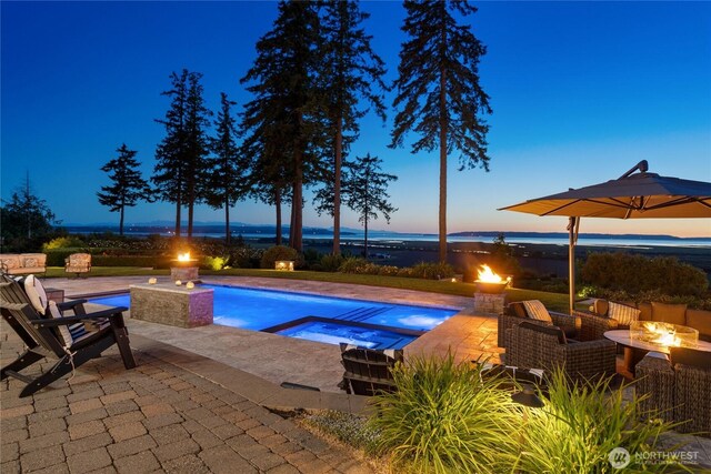 33020 84th Ave NW, Stanwood, WA 98292 - swimming pool featuring a fire pit, a patio, and an in-ground hot tub