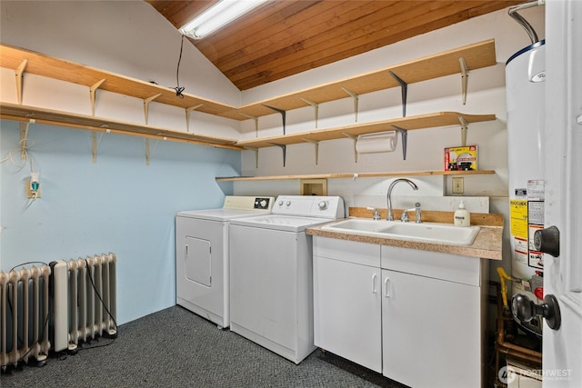 131 Horse Heaven Rd, Cle Elum, WA 98922 - laundry area featuring washer and dryer, radiator heating unit, wooden ceiling, and dark carpet