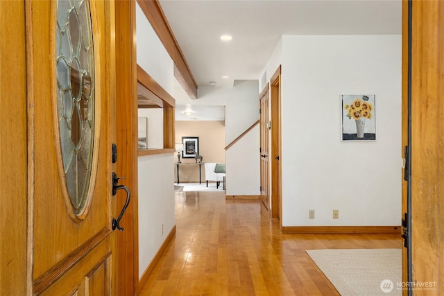 14427 Silven Ave NE, Bainbridge Island, WA 98110 - hall featuring light wood-style flooring, baseboards, and recessed lighting