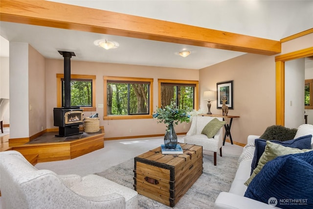 14427 Silven Ave NE, Bainbridge Island, WA 98110 - carpeted living room featuring a wood stove and baseboards