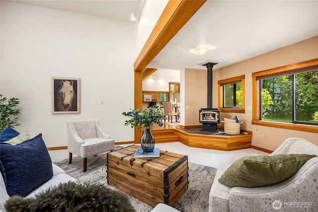 14427 Silven Ave NE, Bainbridge Island, WA 98110 - living room featuring a wood stove and baseboards