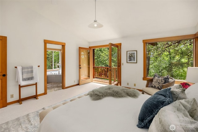 14427 Silven Ave NE, Bainbridge Island, WA 98110 - bedroom featuring access to exterior, heating unit, carpet floors, lofted ceiling, and baseboards