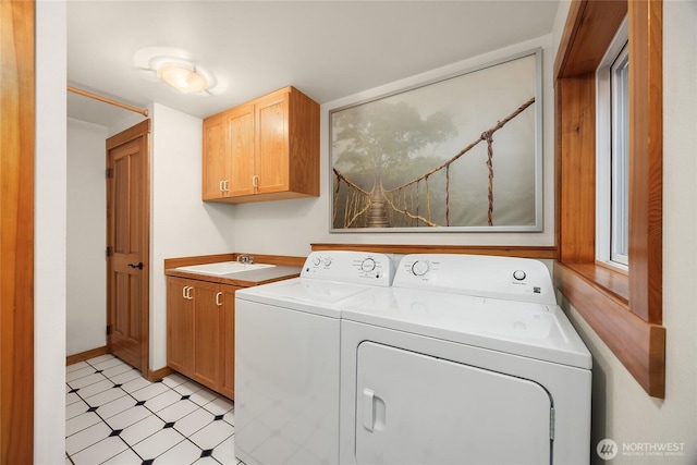 14427 Silven Ave NE, Bainbridge Island, WA 98110 - washroom featuring cabinet space, independent washer and dryer, light floors, and baseboards