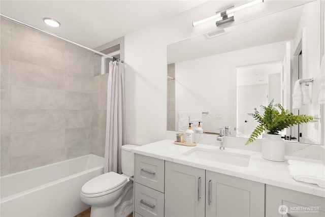 1206C NW 83rd St, Seattle, WA 98117 - bathroom with vanity, toilet, and shower / bathtub combination with curtain