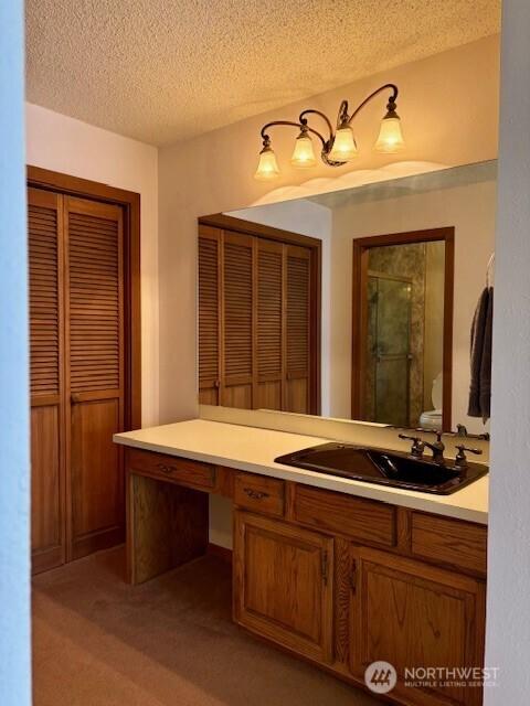 56 Westlake Rd, Oroville, WA 98844 - full bath with a textured ceiling, toilet, vanity, a closet, and a shower with door