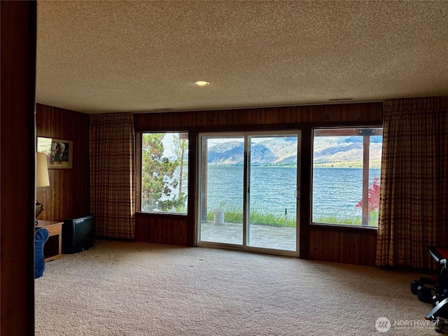 56 Westlake Rd, Oroville, WA 98844 - unfurnished living room with a textured ceiling, wood walls, carpet, and a water view
