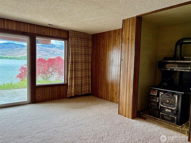 56 Westlake Rd, Oroville, WA 98844 - carpeted empty room with a wood stove, wood walls, and a textured ceiling