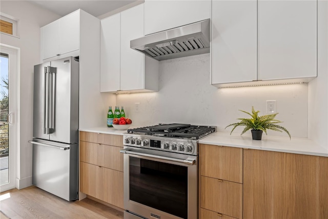 6730 21st Ave SW, Seattle, WA 98106 - kitchen featuring appliances with stainless steel finishes, ventilation hood, light countertops, and light wood-type flooring