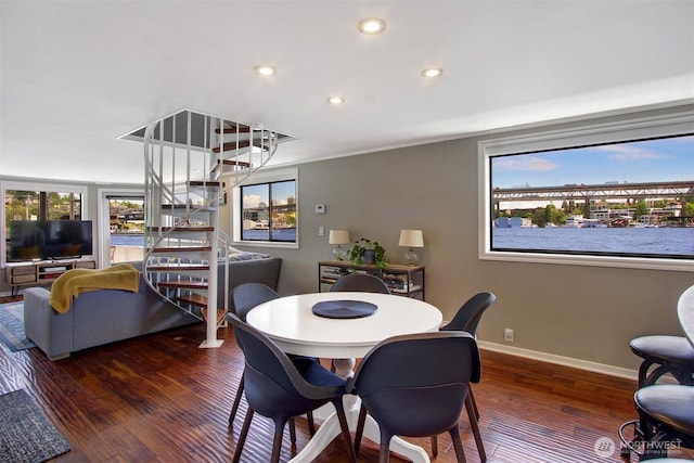 2401 N Northlake Way Unit B13, Seattle, WA 98103 - dining area with stairway, plenty of natural light, wood finished floors, recessed lighting, and baseboards