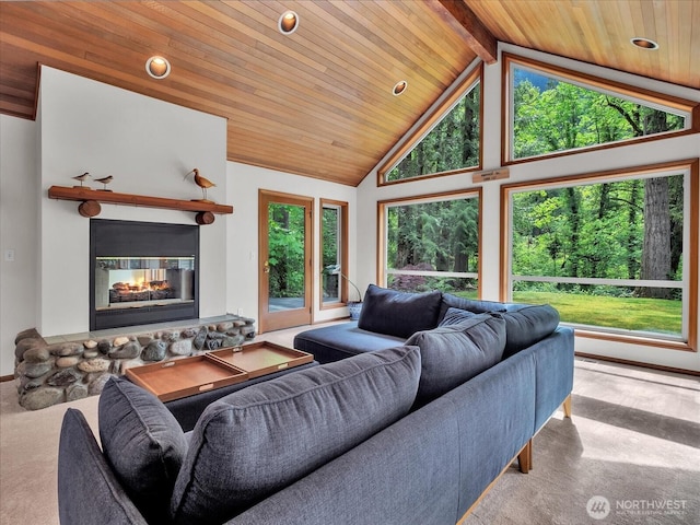 44611 SE 72nd St, Snoqualmie, WA 98065 - living area with wood ceiling with exposed beams, a fireplace, carpet floors, high vaulted ceiling, and recessed lighting