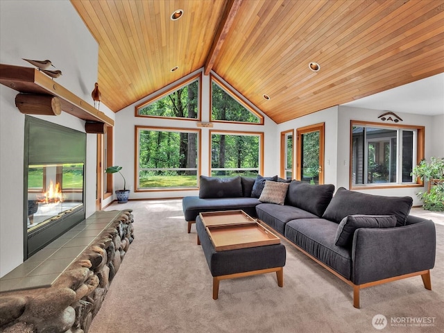 44611 SE 72nd St, Snoqualmie, WA 98065 - carpeted living room featuring wooden ceiling and a glass covered fireplace