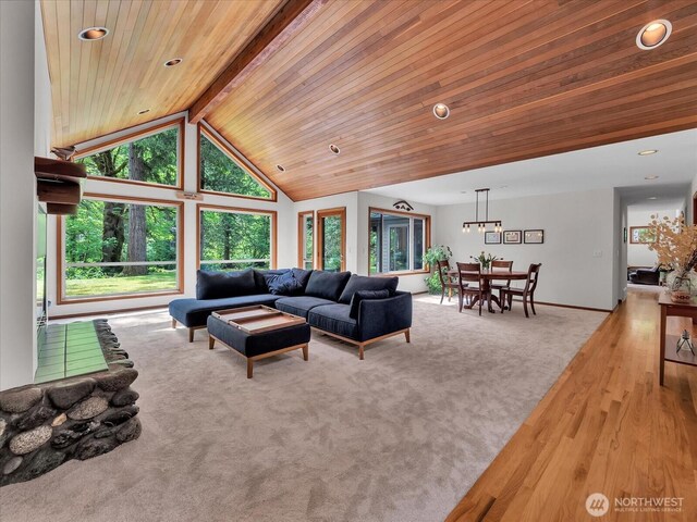 44611 SE 72nd St, Snoqualmie, WA 98065 - living area featuring recessed lighting, carpet flooring, baseboards, and wooden ceiling