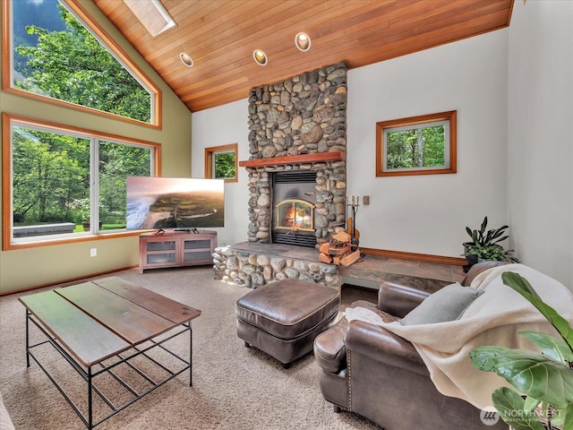 44611 SE 72nd St, Snoqualmie, WA 98065 - living area with a stone fireplace, carpet flooring, wood ceiling, high vaulted ceiling, and baseboards