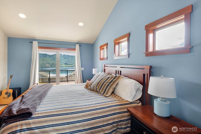 205 Butte Rd, Chelan, WA 98816 - bedroom featuring access to outside, vaulted ceiling, and recessed lighting