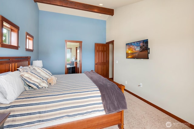 205 Butte Rd, Chelan, WA 98816 - bedroom with baseboards, carpet flooring, beam ceiling, high vaulted ceiling, and connected bathroom