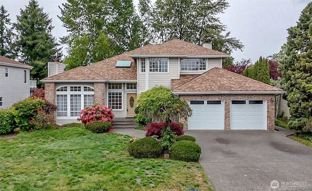 5318 Galleon Dr NE, Tacoma, WA 98422 - view of front facade with a chimney, driveway, a garage, a front lawn, and a shingled roof