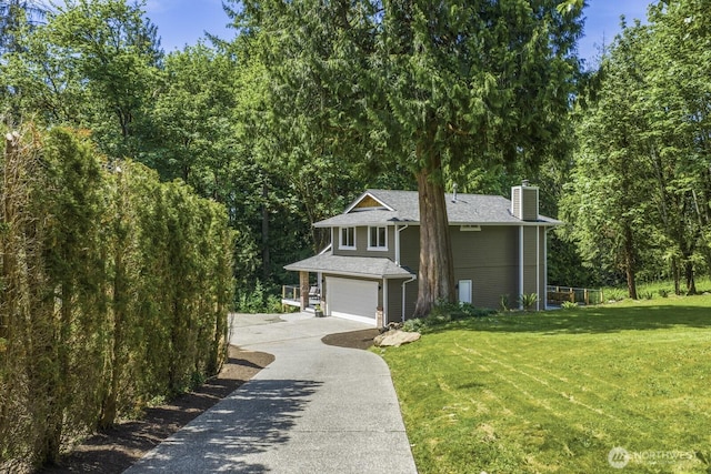 27302 NE 153rd Pl, Duvall, WA 98019 - view of front of house featuring driveway, a chimney, a front lawn, and a garage