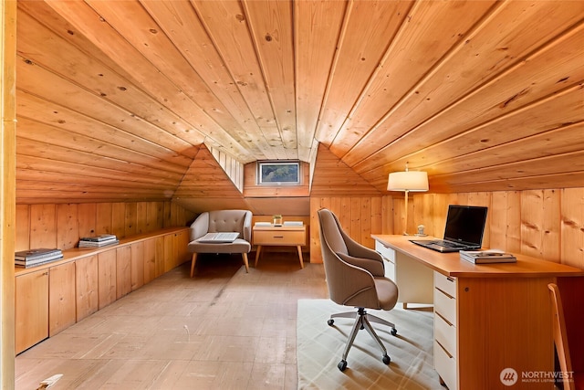 420 E Connecticut St, Bellingham, WA 98225 - office area featuring vaulted ceiling, wooden walls, and wood ceiling