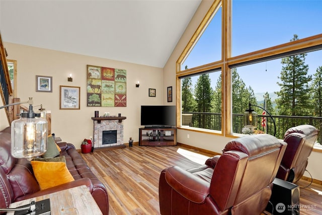 55 Wrangler Ln, Leavenworth, WA 98826 - living area featuring wood finished floors, baseboards, a stone fireplace, and high vaulted ceiling