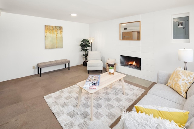 19716 81st Pl W, Edmonds, WA 98026 - living room with electric panel, a tiled fireplace, carpet, and recessed lighting