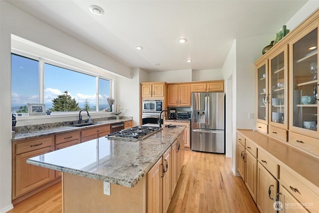 1048 Cassius Ct, Camano Island, WA 98282 - kitchen with stainless steel appliances, a sink, light wood-style flooring, light stone countertops, and a kitchen island with sink