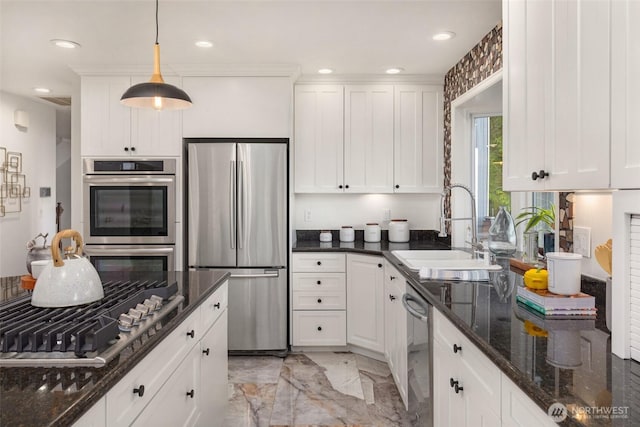 16822 SE 26th St, Bellevue, WA 98008 - kitchen with appliances with stainless steel finishes, a sink, light marble finish floors, white cabinetry, and recessed lighting