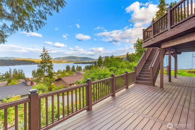 16822 SE 26th St, Bellevue, WA 98008 - wooden terrace with a water and mountain view and stairway