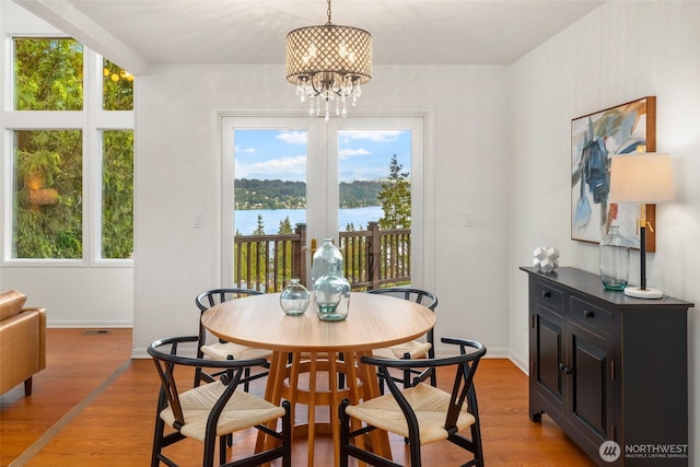 16822 SE 26th St, Bellevue, WA 98008 - dining space with plenty of natural light, a chandelier, light wood-style flooring, and a water view