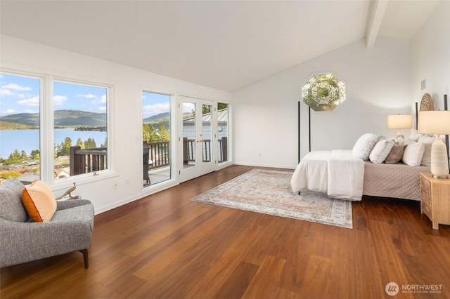 16822 SE 26th St, Bellevue, WA 98008 - bedroom with access to outside, dark wood-style floors, baseboards, french doors, and a water view