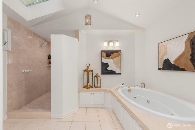 16822 SE 26th St, Bellevue, WA 98008 - bathroom featuring a skylight, tile patterned floors, a whirlpool tub, a tile shower, and lofted ceiling