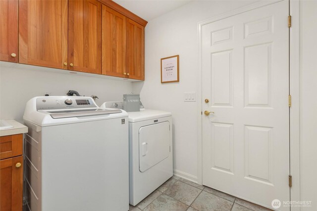 16822 SE 26th St, Bellevue, WA 98008 - washroom featuring cabinet space, washing machine and dryer, and baseboards